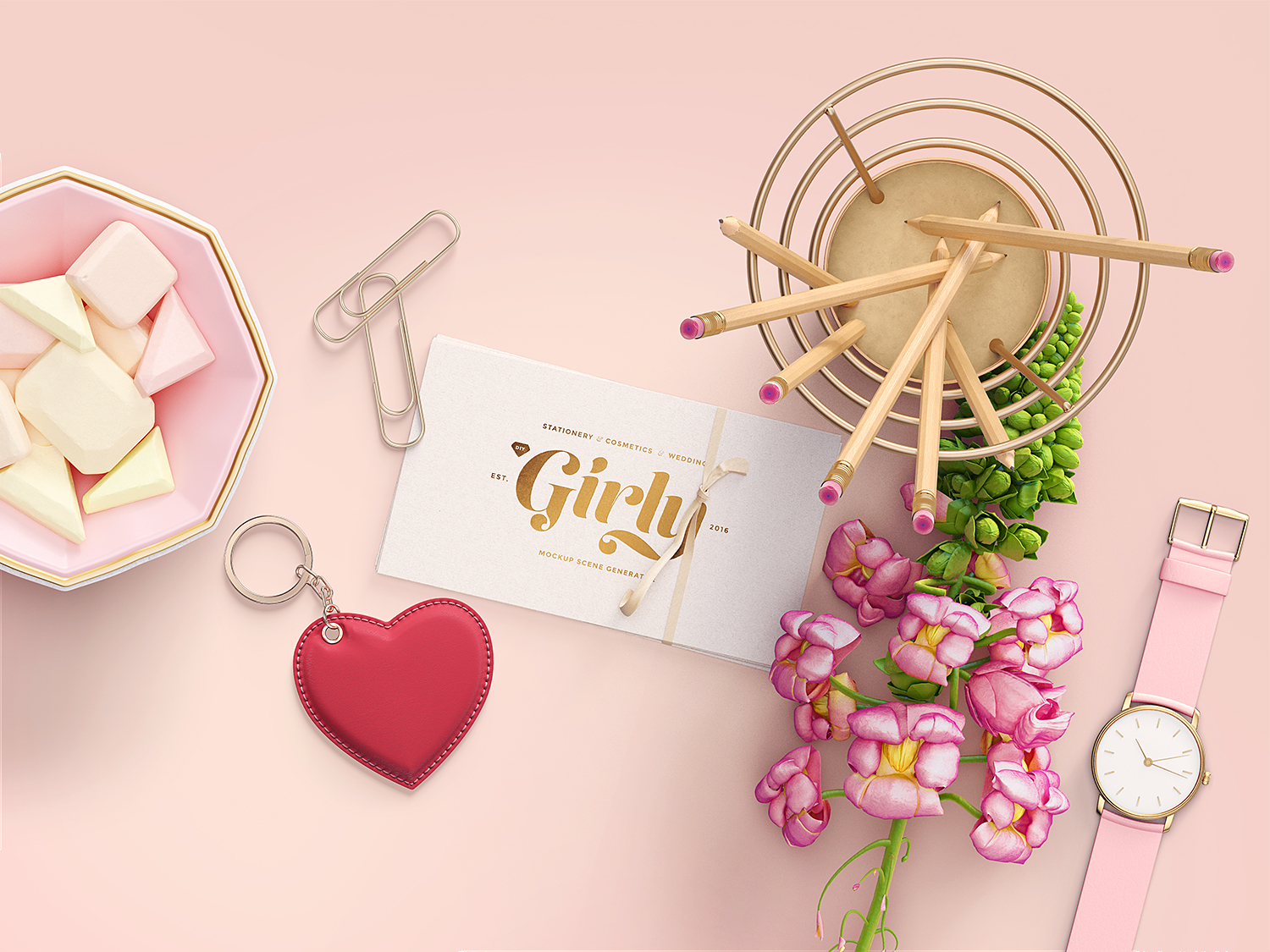 Download Free Girly Branding Mockup Scene Creator | Mockup World HQ