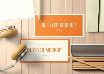 DL Landscape Flyer Mockup on a Desk Free PSD