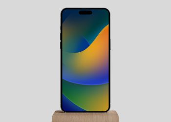 iPhone 14 Pro Max on Wood Stand Free Mockup