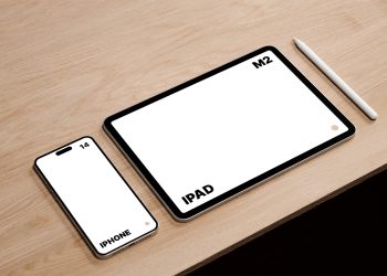 M2 iPad Pro and iPhone 14 Pro Max on Desk Free Mockup