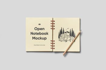Open Notebook with Pencil Free Mockup