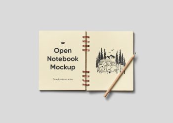 Open Notebook with Pencil Free Mockup